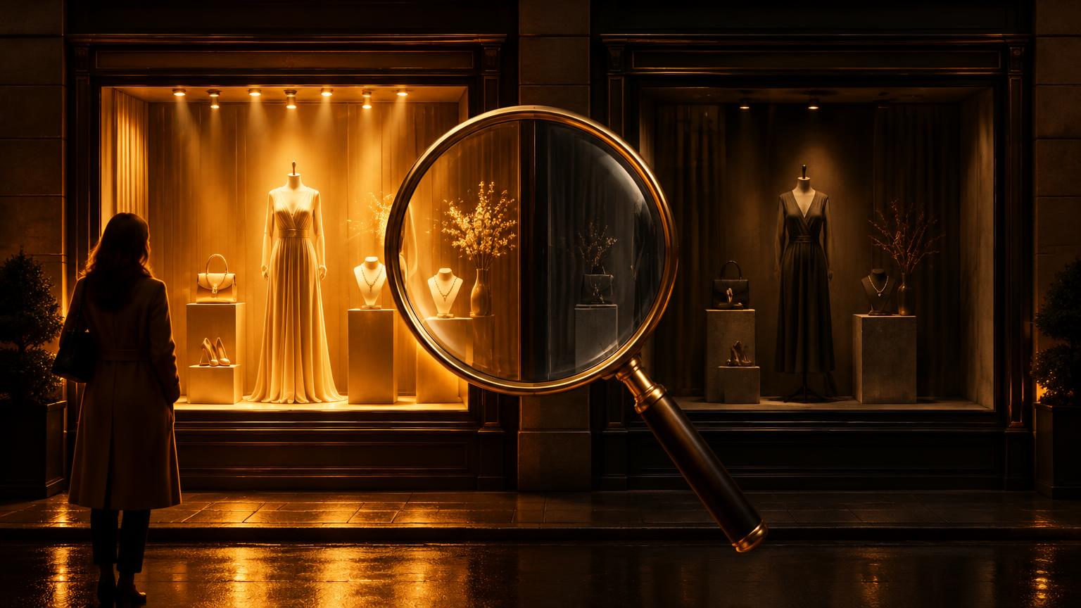 Zwei Schaufenster nebeneinander, eine goldene Lupe vergleicht sie